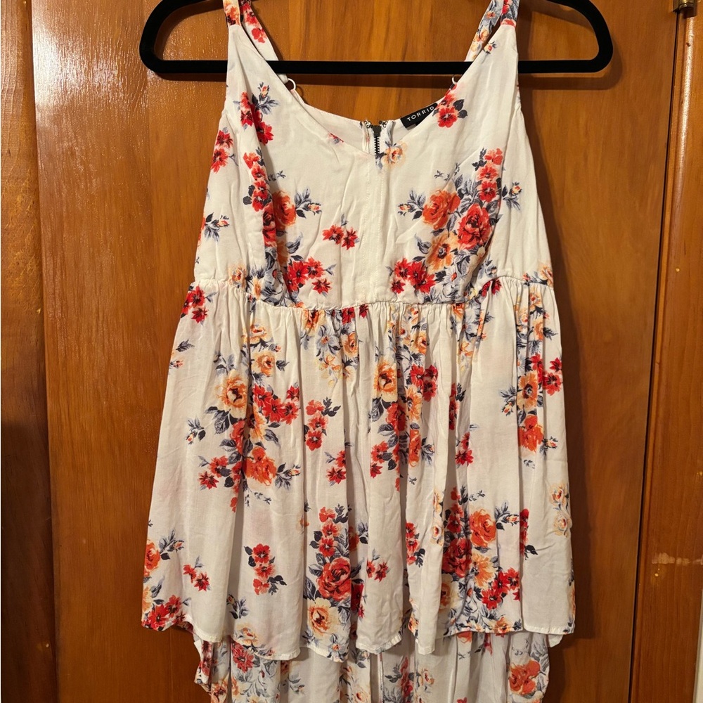 Torrid White Floral Long Blouse with Red and Orange Accents